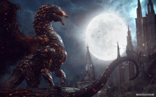 Godzilla fullmoon fantasy cityscape dragon - bloodborne free wallpaper