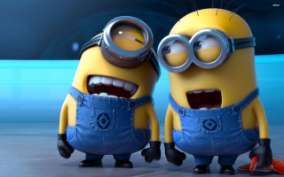 Minions blue background posing funny - cute free wallpaper