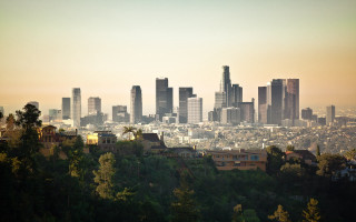 City skyline trees hazy sunset 2 - hazy free wallpaper