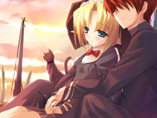 Anime couple grass field cat - a couple of anime characters sitting next free wallpaper