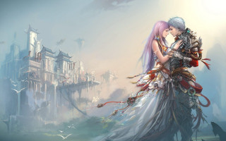 Couple people castle birds flying - chen chun free wallpaper