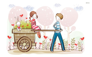 Man woman pushing wagon rabbit - a wagon free wallpaper