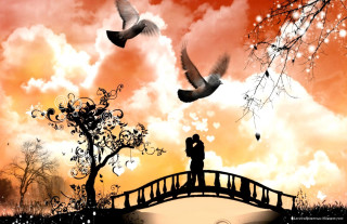 Couple bridge birds sunset clouds - a couple standing free wallpaper