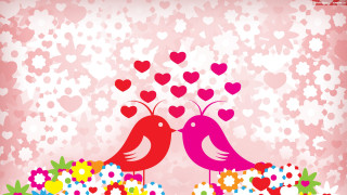 Two birds flowery branch hearts - above them free wallpaper