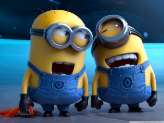 Minions blue background posing friends - funny free wallpaper for desktop