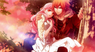 Anime couple woods trees pink - a couple of anime characters sitting next free wallpaper