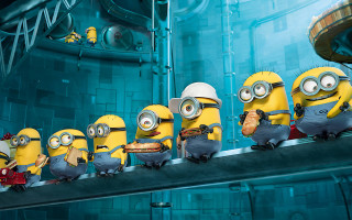Minions lined up movie scene 2 - a blue wall free wallpaper for desktop