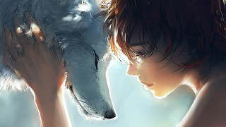Woman holding wolf looking background - a wolf free wallpaper
