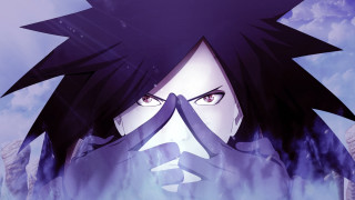 Anime blackhair blueeyes purpleclouds closeup - a black hair free wallpaper