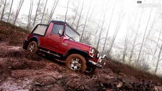 Red jeep muddy hill woods - a red jeep free wallpaper