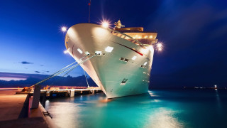 Large white boat docked pier - night time free wallpaper