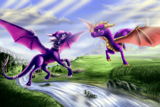 Purple dragon flying stream grass - dragon art free wallpaper