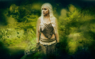 Woman white hair dress forest - tree and bushes behind her free wallpaper