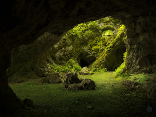 Cave small entrance green lawn - rock and grass free wallpaper for desktop