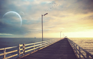 Pier light pole boat water - a boat in the distance free wallpaper