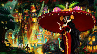 Woman mexican costume red umbrella - a castle in the background free wallpaper