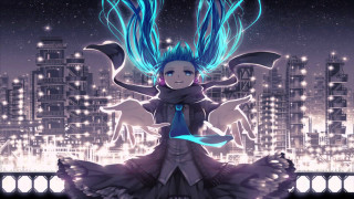 Woman blue hair dress cityscape - aya goda free wallpaper for desktop