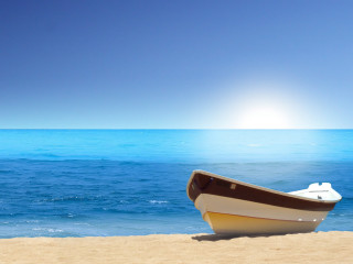Boat beach sun ocean blue 3 - the background and the ocean in the foreground free wallpaper