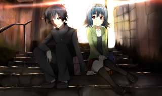 Anime characters sitting steps together - two anime character free wallpaper for desktop