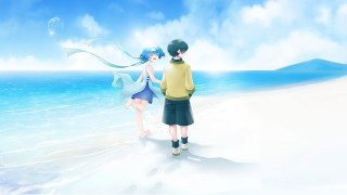 Man woman beach ocean kite - a painting free wallpaper for desktop