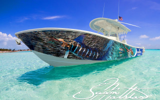 Boat floating clear blue water - airbrush free wallpaper