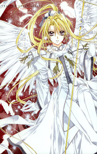 Blonde woman white wings holding - a sword and a sword free wallpaper