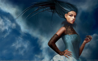 Woman blue hair dress cloudy - the gathering artwork free wallpaper