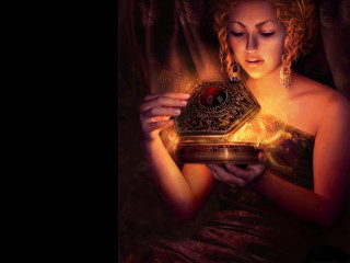 Woman holding golden box red - fantasy artwork free wallpaper