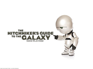 White robot pointing hitchhikers guide - a white robot free wallpaper
