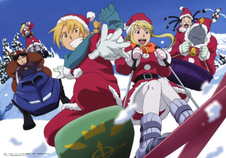 Santa skiers snow snowboard group - free christmas wallpaper