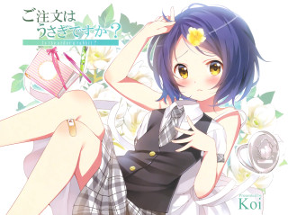 Girl blue hair plaid dress - her hand and a flower free wallpaper