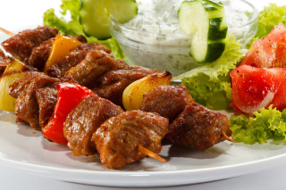 Meat skewers salad dip bowl - a bowl free wallpaper for desktop