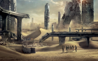 Futuristic city bridge people desert - free sci-fi wallpaper