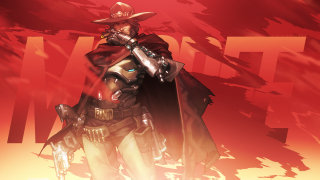 Cowboy man gun red background - free fantasy wallpaper for desktop