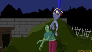 Cartoon man holding giant robot - a skeleton free wallpaper for desktop