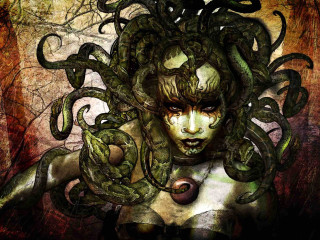 Woman large snake around neck - art of brom free wallpaper