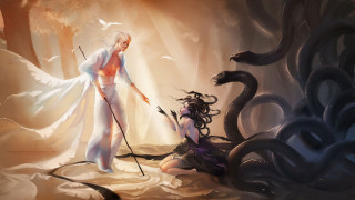 Woman spear snake forest man - a man in the background free wallpaper