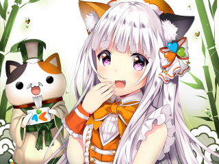 Anime girl white hair cat 2 - a cat in the background free wallpaper