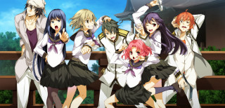 Anime girls group building sky 4 - a sky background and trees free wallpaper