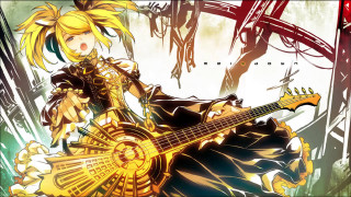 Woman guitar demon shoulder blonde - her hand and a demon in the background free wallpaper