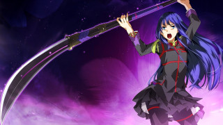 Woman blue hair sword purple - official art free wallpaper for desktop