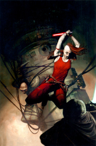 Woman red outfit sword man - aleksi briclot free wallpaper for mobile