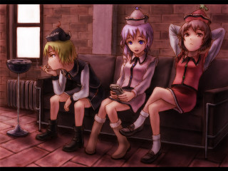 Anime characters couch brick wall - three anime character free wallpaper