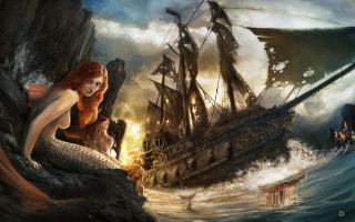 Mermaid rock ship ocean man - a rock next free wallpaper