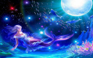 Mermaid floating full moon stars - dreamlike free wallpaper for desktop