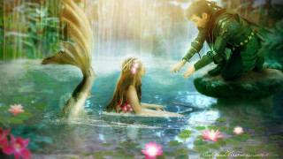 Man woman water fish waterfall - fantasy artwork free wallpaper