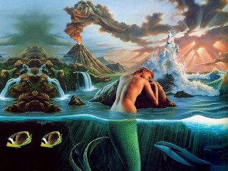 Man woman ocean waterfall volcano - surrealist free wallpaper for desktop