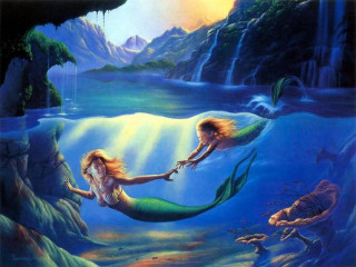 Mermaids swimming ocean together painting - fantasy artwork free wallpaper