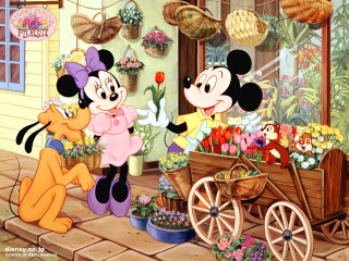 Mickey minnie flower shop wagon - a storybook illustration free wallpaper