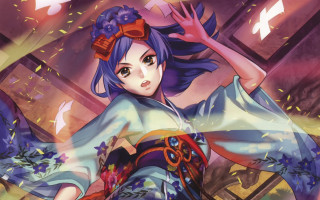 Woman kimono fan red bow - a woman in a kimono holding free wallpaper for desktop